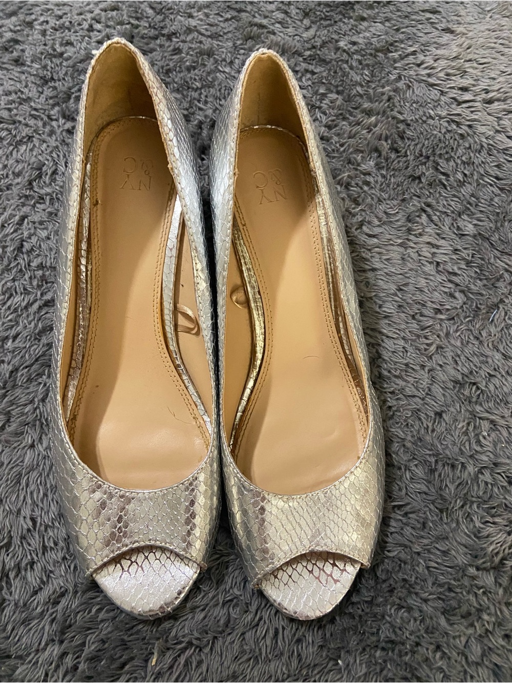 New York & Company Metallic Silver Snakeskin Peep-Toe Flats